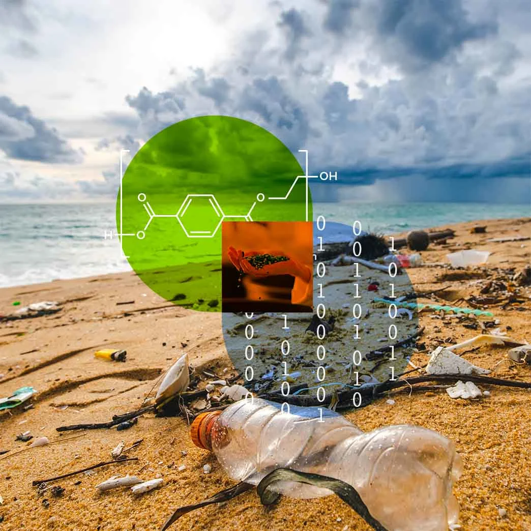 Hand holding plastic pellets with plastic debris on a beach in the background