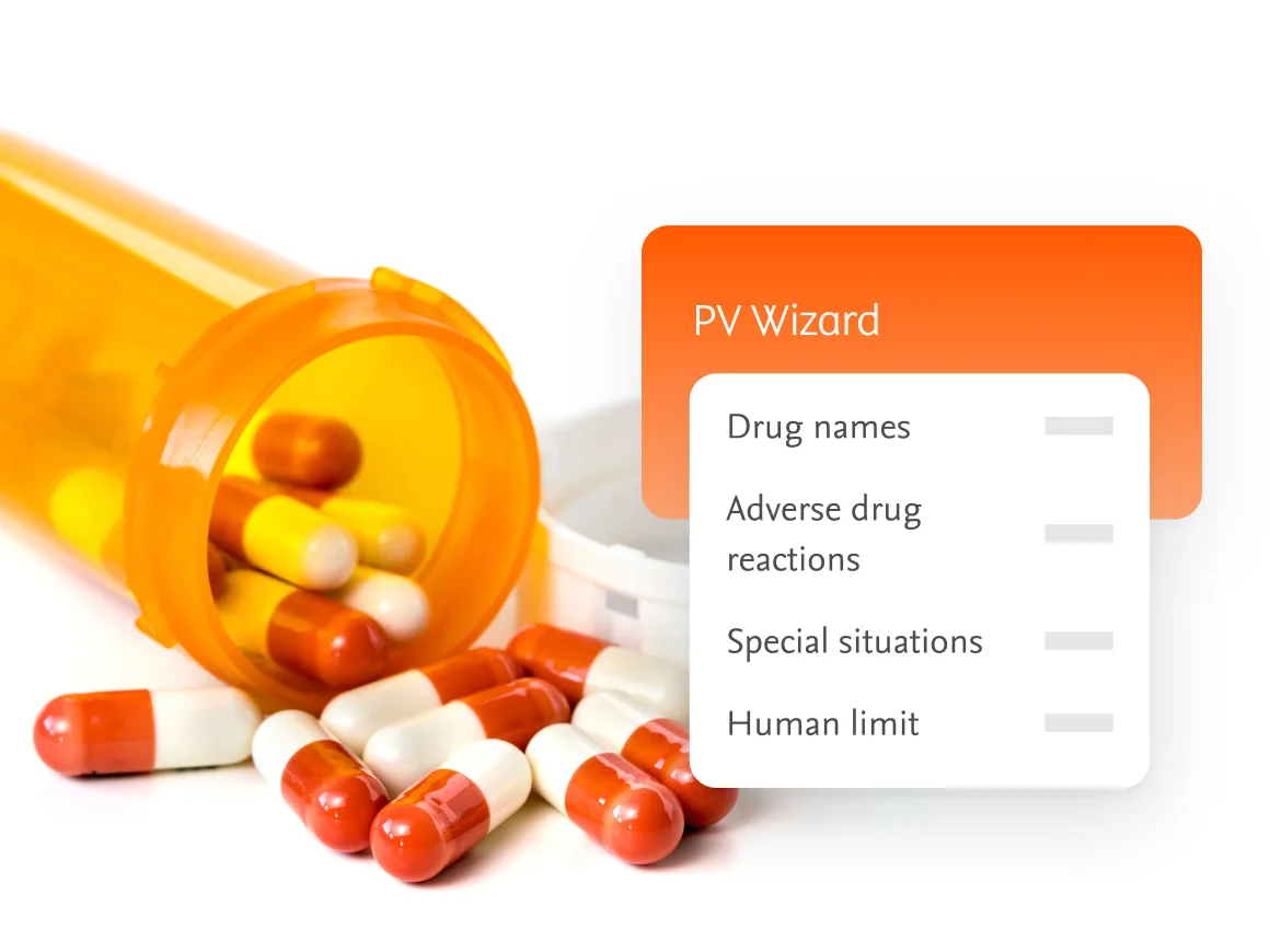 Pills spilling out of bottle with overlay of Embase PV Wizard features